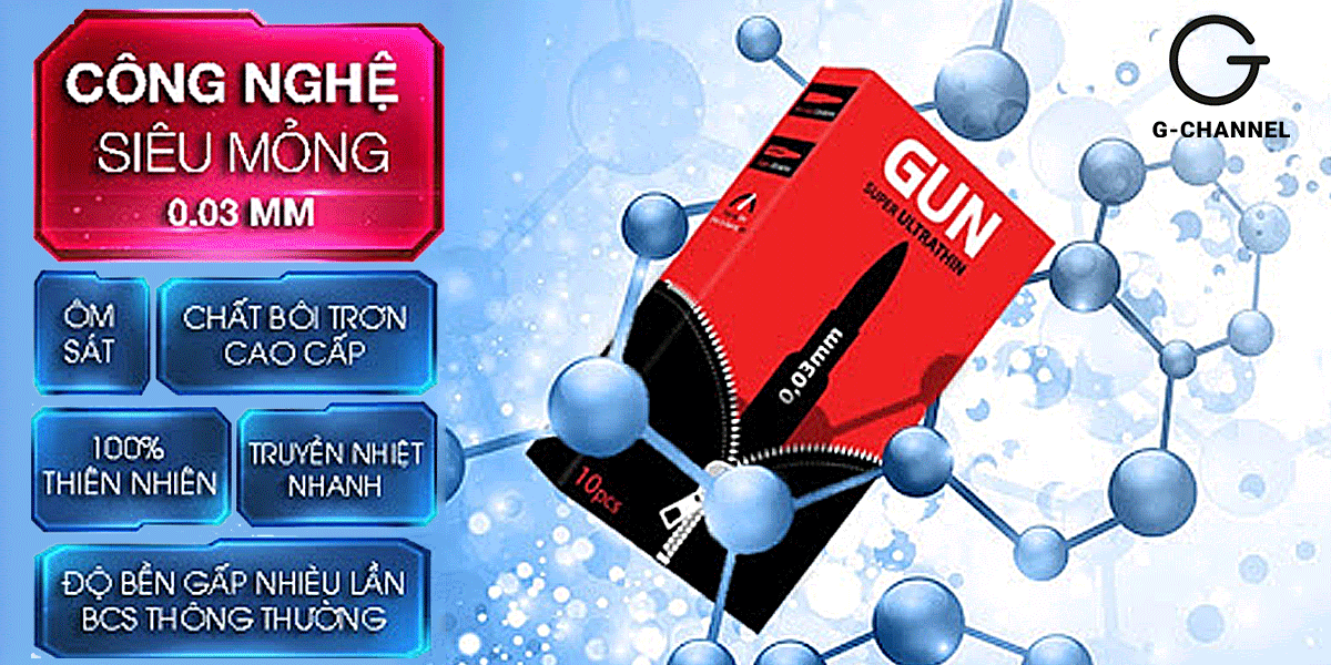 Bao cao su Gun Super Ultra Thin siêu mỏng 0.03mm hộp 10 cái an toàn kích thích